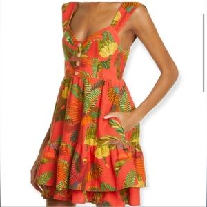 NWT Farm Rio Women's Red Forest Birds Linen Tiered Mini Dress - size S
